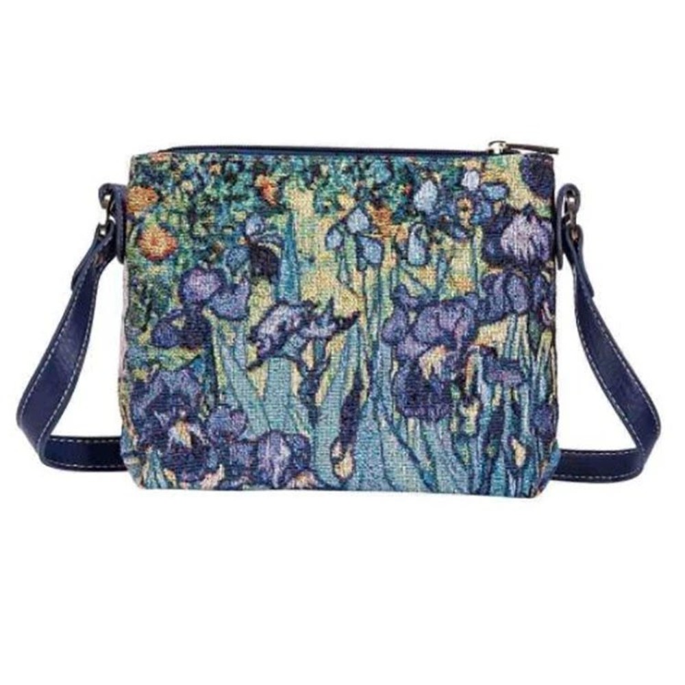 Signare Tapestry Crossbody Bag Van Gogh Irises Floral Art Navy Blue Strap Summer